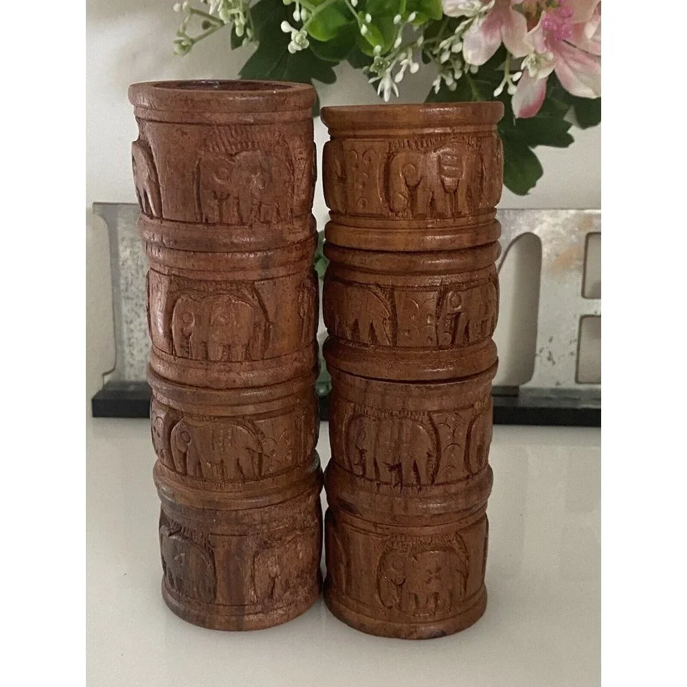 Vintage Elephant Retro Boho Hand Carved Wood Napkin Rings Holders India Set Of 8